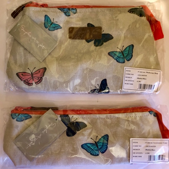 New 2 Butterfly Canvas Makeup Bags - Picture 1 of 3